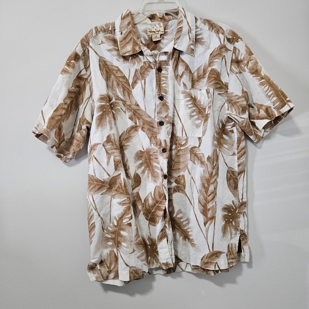 Panama Jack Mens Large Tropical Monstera Leaf Ramie Cotton Button Up Shirt Latte